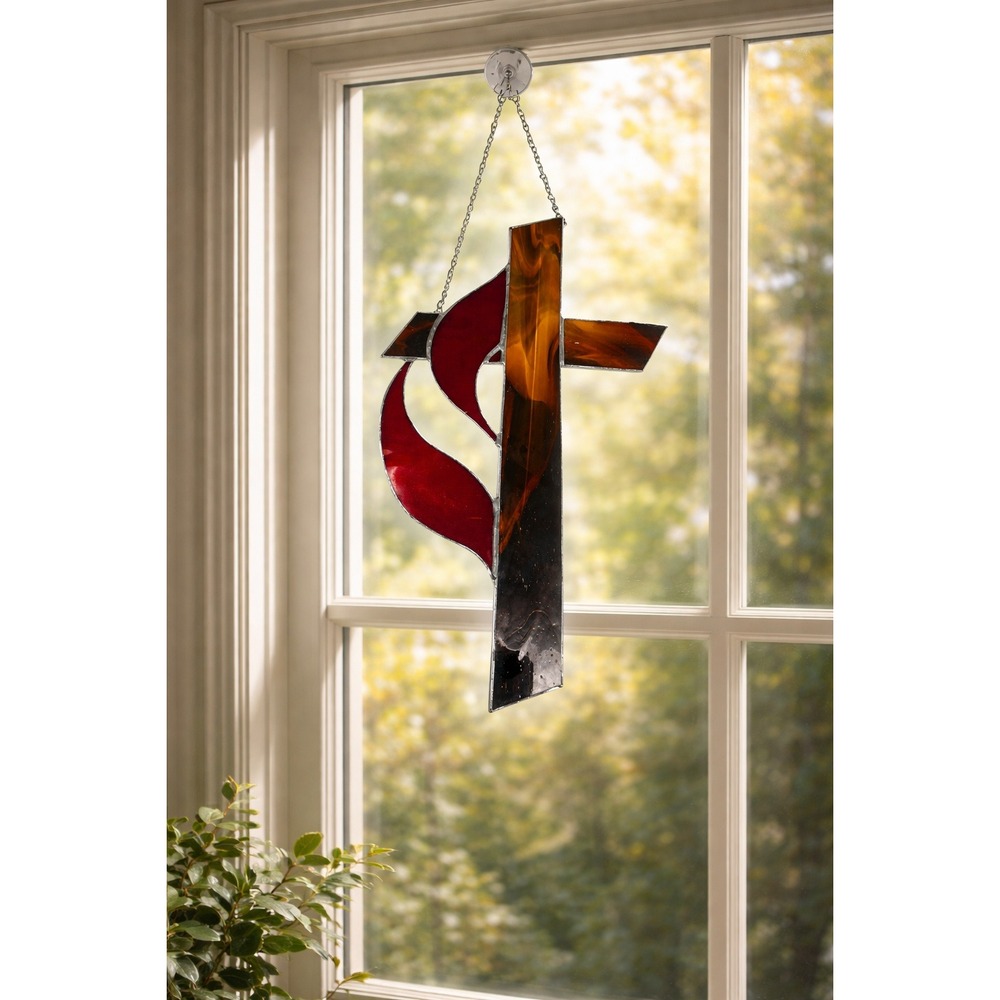 UMC Cross Flame Stained Glass Suncatcher Red Amber Slag Glass Religious Art